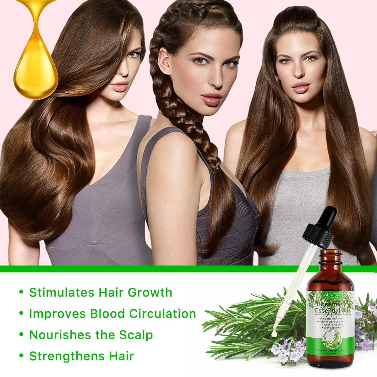 Olio di rosmarino per la crescita dei capelli 60ML - Premium naturale per la perdita di capelli secchi e danneggiati per donne e uomini con massaggiatore del cuoio capelluto in silicone