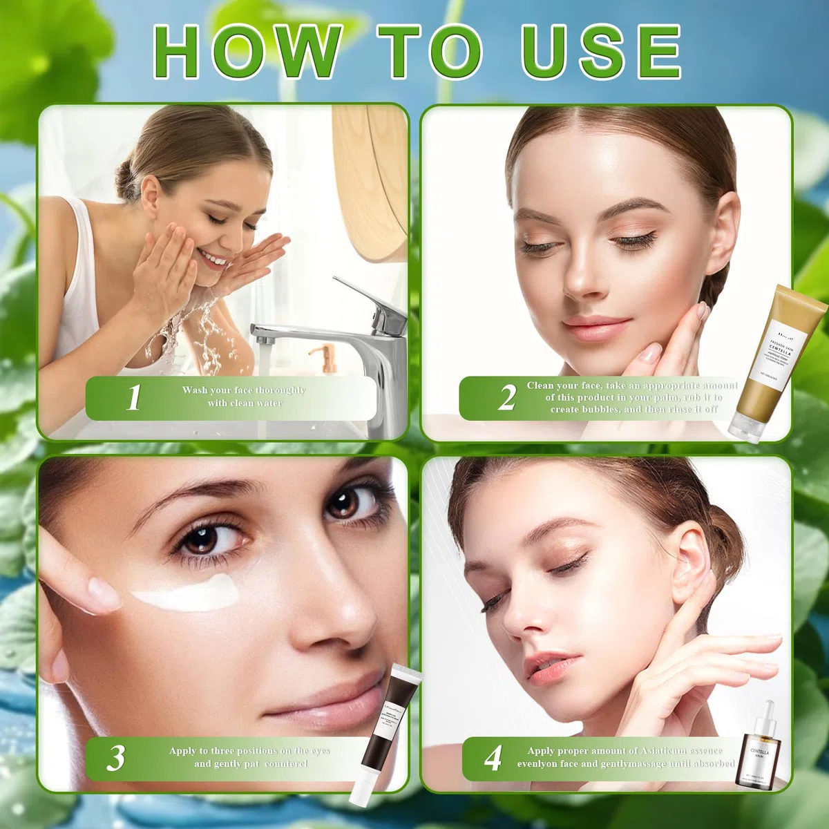 3PCS Centella Detergente Viso+Crema Contorno Occhi+Siero Viso,Centella Kit | Madagascar Centella Skincare Kit, CEntella Ampoule Foam, Idratante e Lenitivo, Adatto a Tutti i Tipi di Pelle