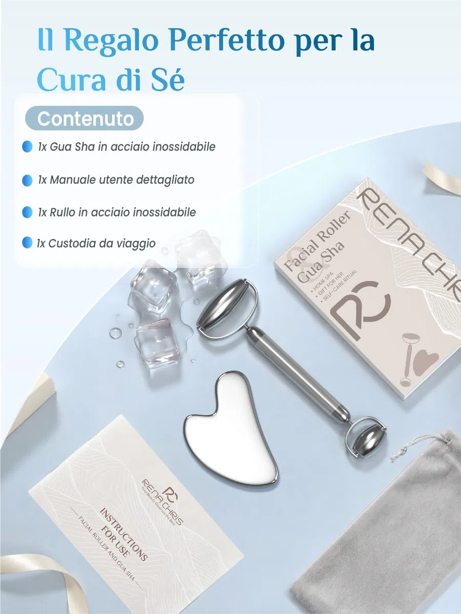 Rena Chris Gua Sha e Rullo in Acciaio Inox per il Viso, Massaggiatore Lifting e Guasha Viso, Scolpire la Mascella e Ridurre le Borse, Idea Regalo Perfetta, Bellezza e Skin Care Kit(Argento)