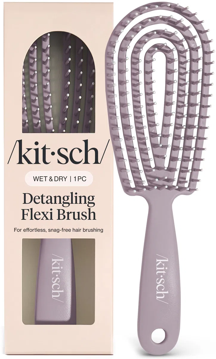 Kitsch Spazzola districante flessibile per capelli ricci per donne, uomini e bambini, spazzola districante con struttura pieghevole e setole ultra lisce per ciocche bagnate o asciutte, viola morbido