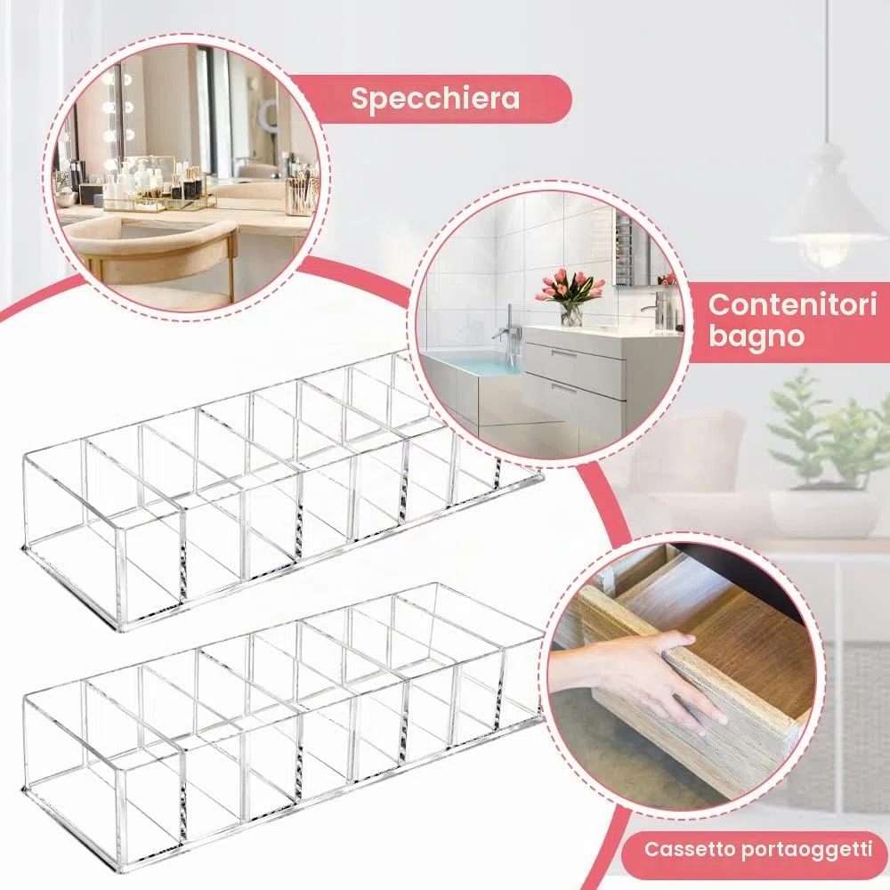QINERSAW 2 Organizer per Trucchi 8 Scomparti in Acrilico Organizer Trucchi Trasparente Rimovibili Scatola Portaoggetti per Cosmetici per bagno, Camera da Letto (25.3 * 9 * 4.8CM)