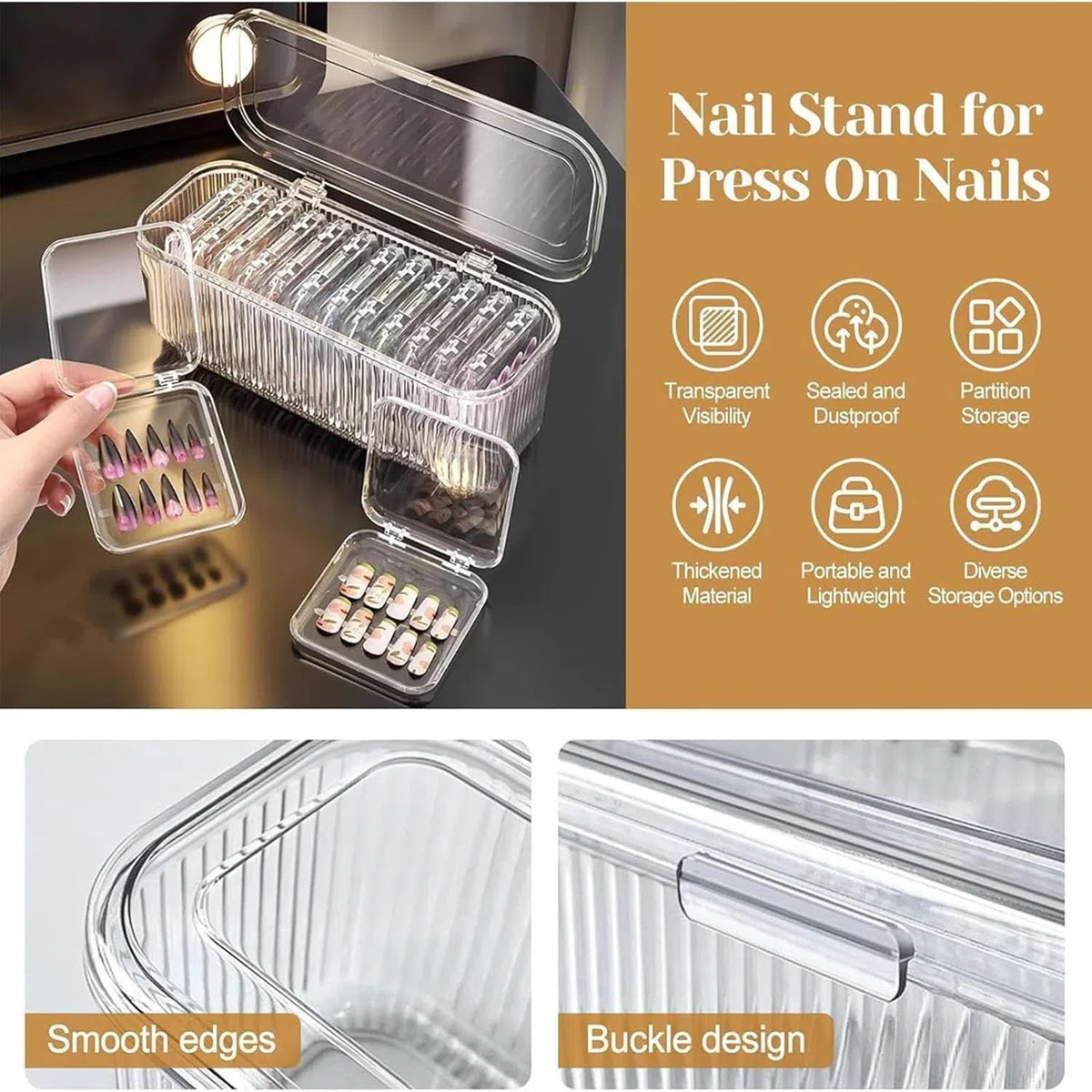 Scatola per Gioielli in Acrilico, Organizzatore Unghie in Acrilico, Transparent Unghie False Organizer, Include 30 Pezzi Adesivi 3D per Unghie, per Unghie, Gioielli, Artigianato