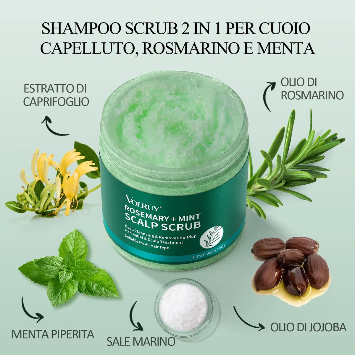 Scrub del cuoio capelluto, shampoo scrub del cuoio capelluto al rosmarino, trattamento 2 in 1 del cuoio capelluto con olio di menta, trattamento per capelli per chiarire e rimuovere i depositi con