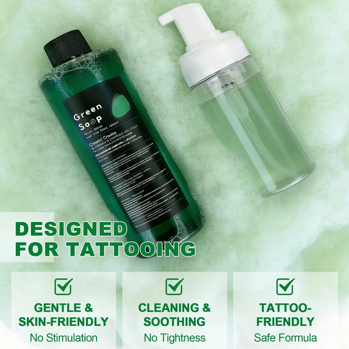 Tattoo Green Soap - TONBAO Tattoo Green Soap Concentrato Vegan 500ml con Flacone Schiumogeno 200ml, Detergente Professionale e Delicato per Tatuaggi
