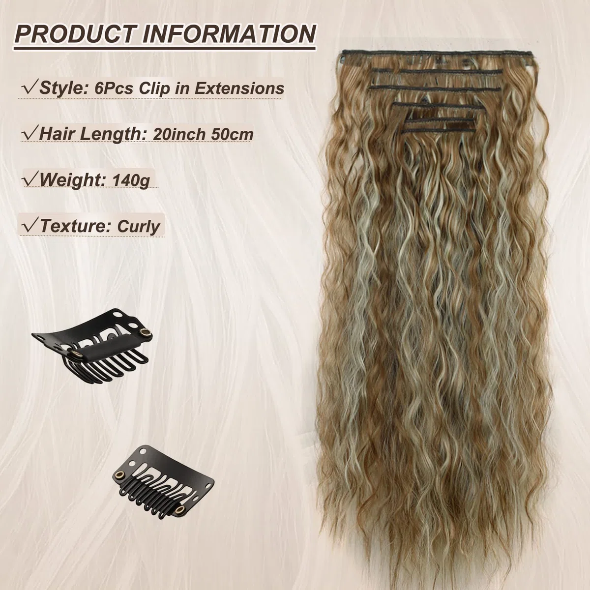 Extension Capelli Clip 6 PCS Set Clip in Hair Extensions Ondulati Posticci per Capelli Finti Extension con Clip Sintetici Lungo Ricci 50cm per Donna, Castano & Biondo