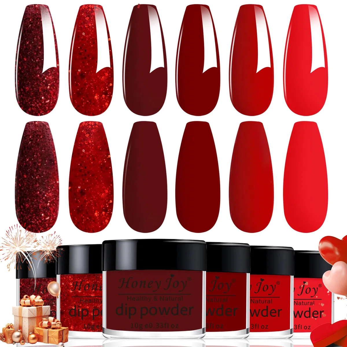Honey Joy - Set di 6 polveri per immersione in polvere glitterate, collezione classica rossa, per nail art, manicure, saloni fai da te, regali per la casa, per donne, non necessita di lampada per