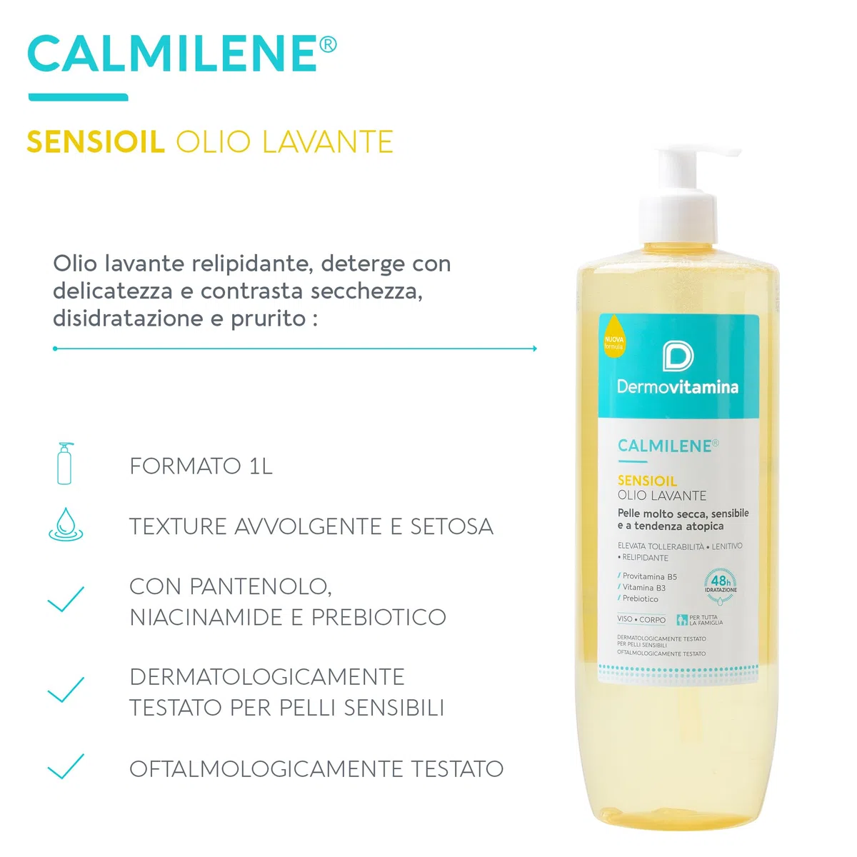 Dermovitamina Sensioil 1L - Olio Doccia Delicato - Olio Lavante Pelli Sensibili - Alta Tollerabilità - Azione Struccante e Lenitiva - Morbidezza della Pelle - Per Tutta la Famiglia
