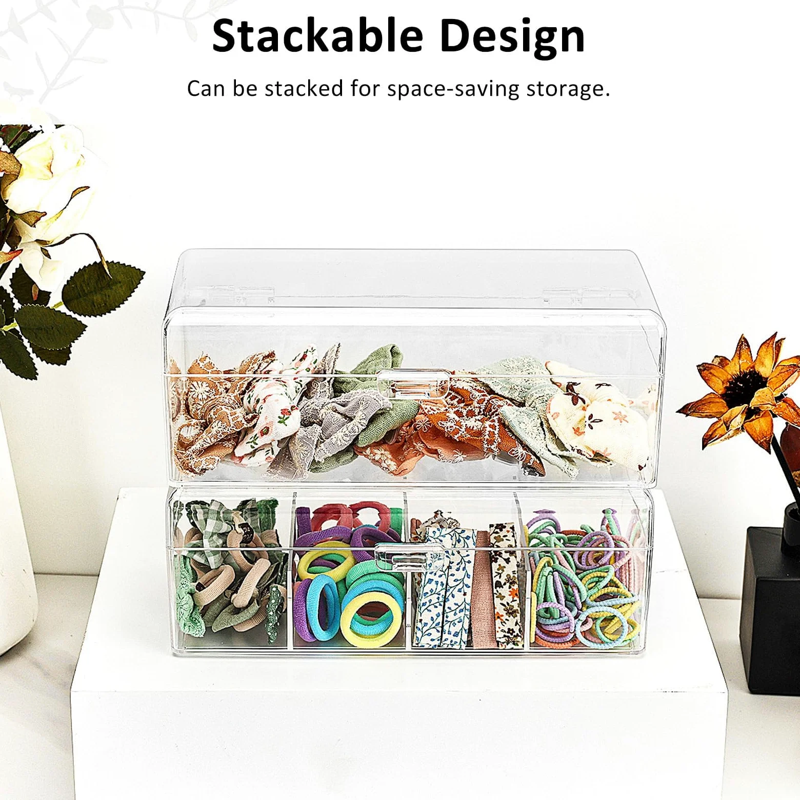 JessLab Porta Accessori Capelli per Ragazze, Scatola in Acrilico Trasparente con Divisori per Fermagli, Fiocchi Organizzatore Impilabile per Bagno Camera o Toeletta (4 Compartment)