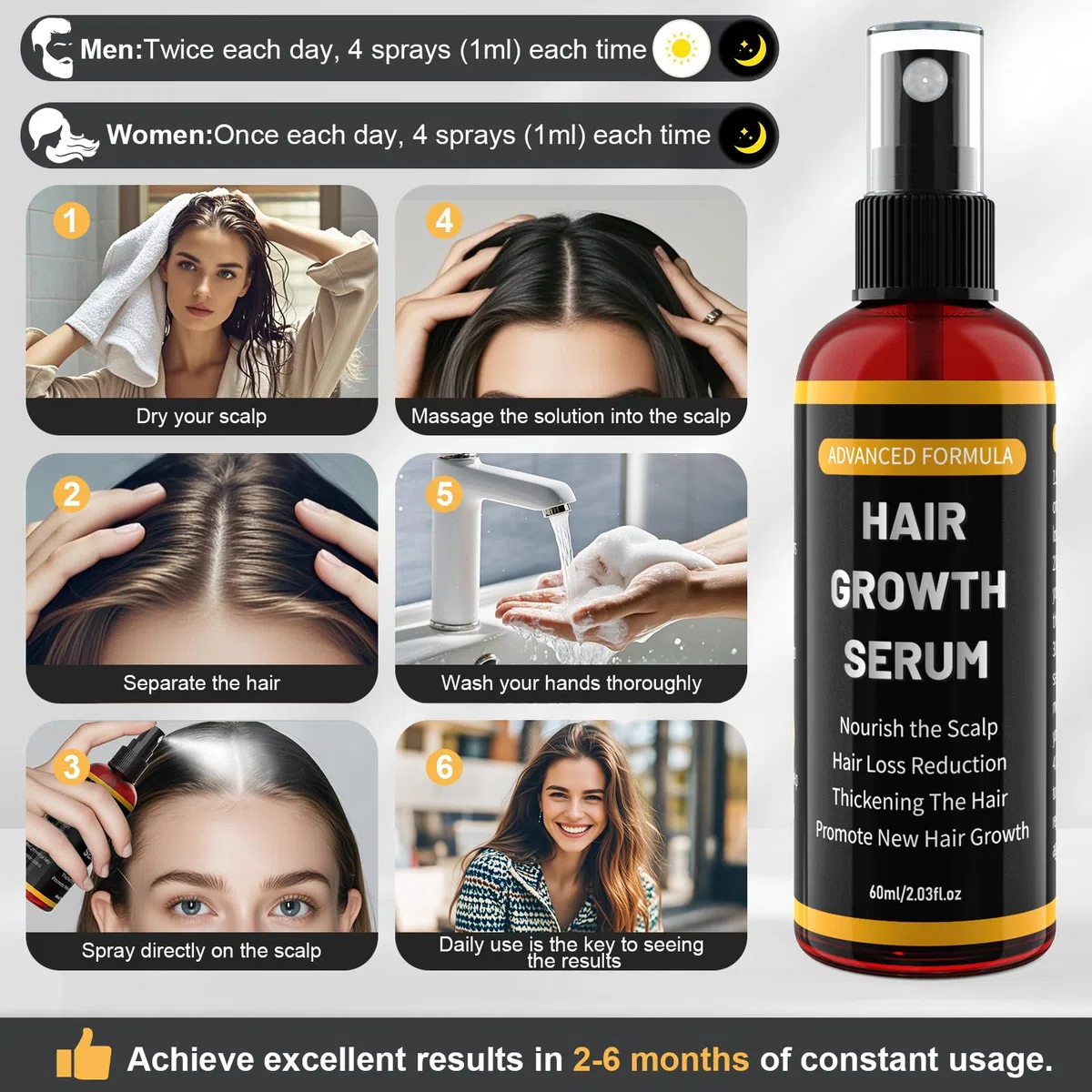 Siero per la crescita dei capelli, spray per uomo/donna, per accelerare la crescita dei capelli, previene la caduta dei capelli, con biotina e rosmarino per olio per la crescita dei capelli, olio per