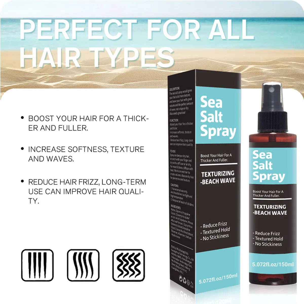 Spray al Sale Marino 150ml, Spruzzo al Sale Marino per Capelli, Sea Salt Spray, Volumizzante per Aggiungere Volume e Texture - Spray Texturizzante - Unisex