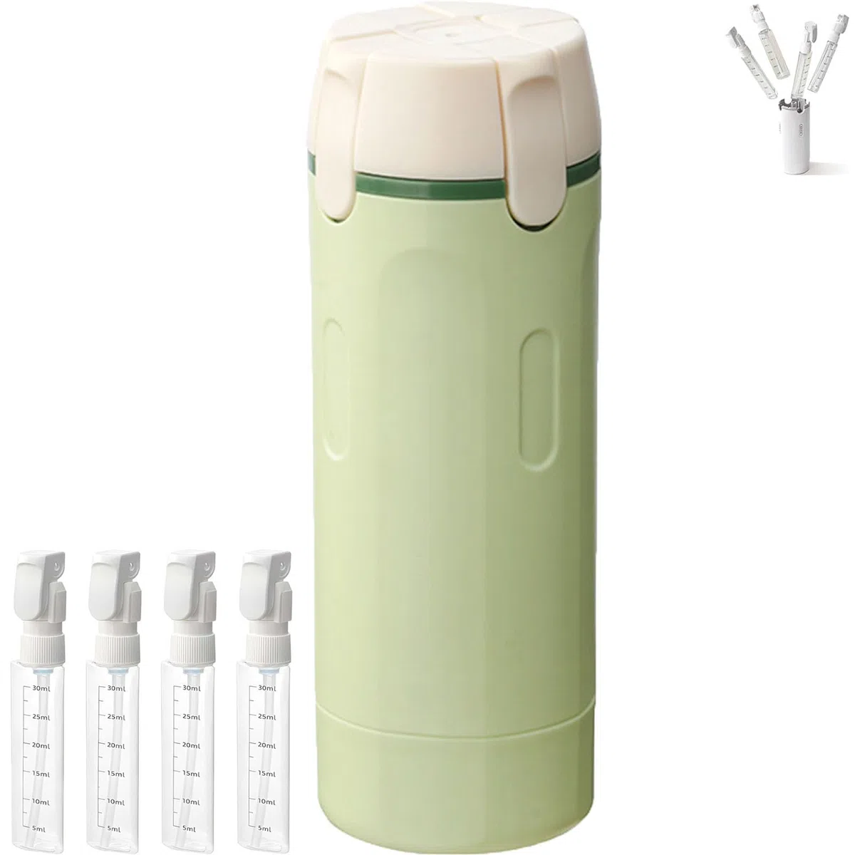 Dispenser da viaggio 4 in 1 con scala ed etichetta, bottiglie da viaggio 4 in 1, ricaricabile, a prova di perdite, dispenser per shampoo, balsamo, lozioni e crema (verde)
