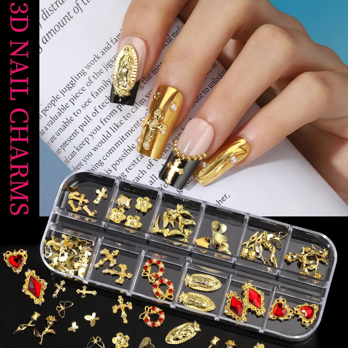 Charms dorati per unghie, strass 3D, set di 4 scatole con perle e gemme, accessori nail art per donne e ragazze.