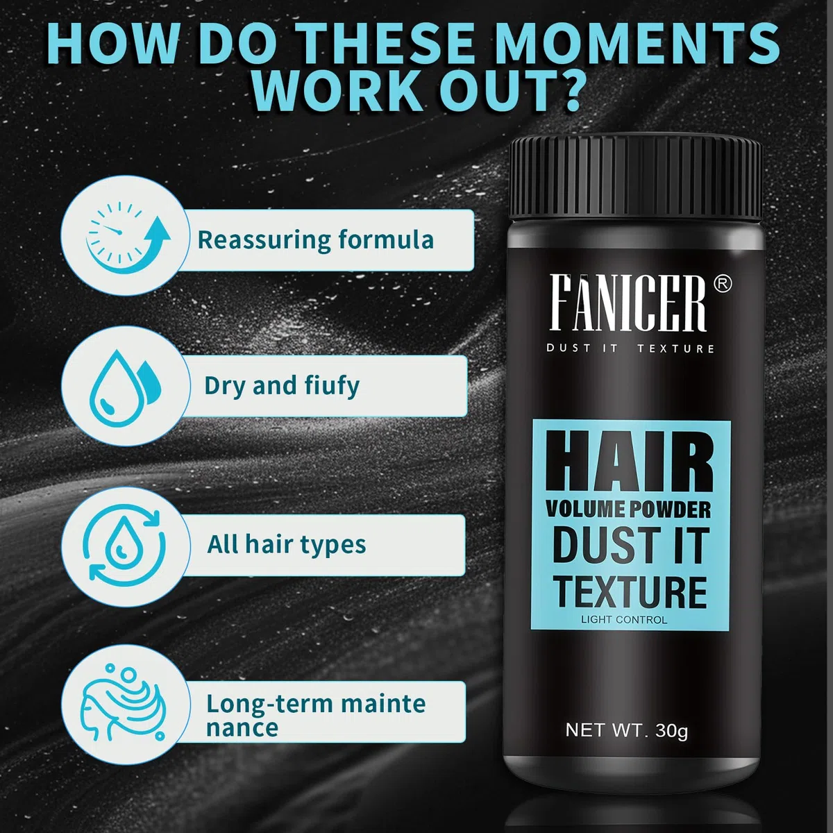 30g Polvere Styling Capelli, Polvere per Lo Styling dei Capelli per Uomo, Texturizing Powder, Aggiunge Volume ai Capelli, Facile da Applicare, Per Tutti i Tipi di Capelli, Height Riser, Nero