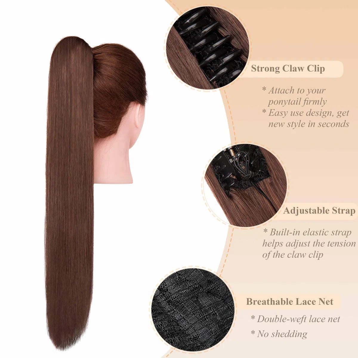 60cm Coda Finta Capelli Extension Lisci con Pinza Posticci per Capelli Sintetici Extension Coda Capelli Lunghi Clip Coda di Cavallo Claw Ponytail Naturale per Donna, Marrone scuro & Auburn