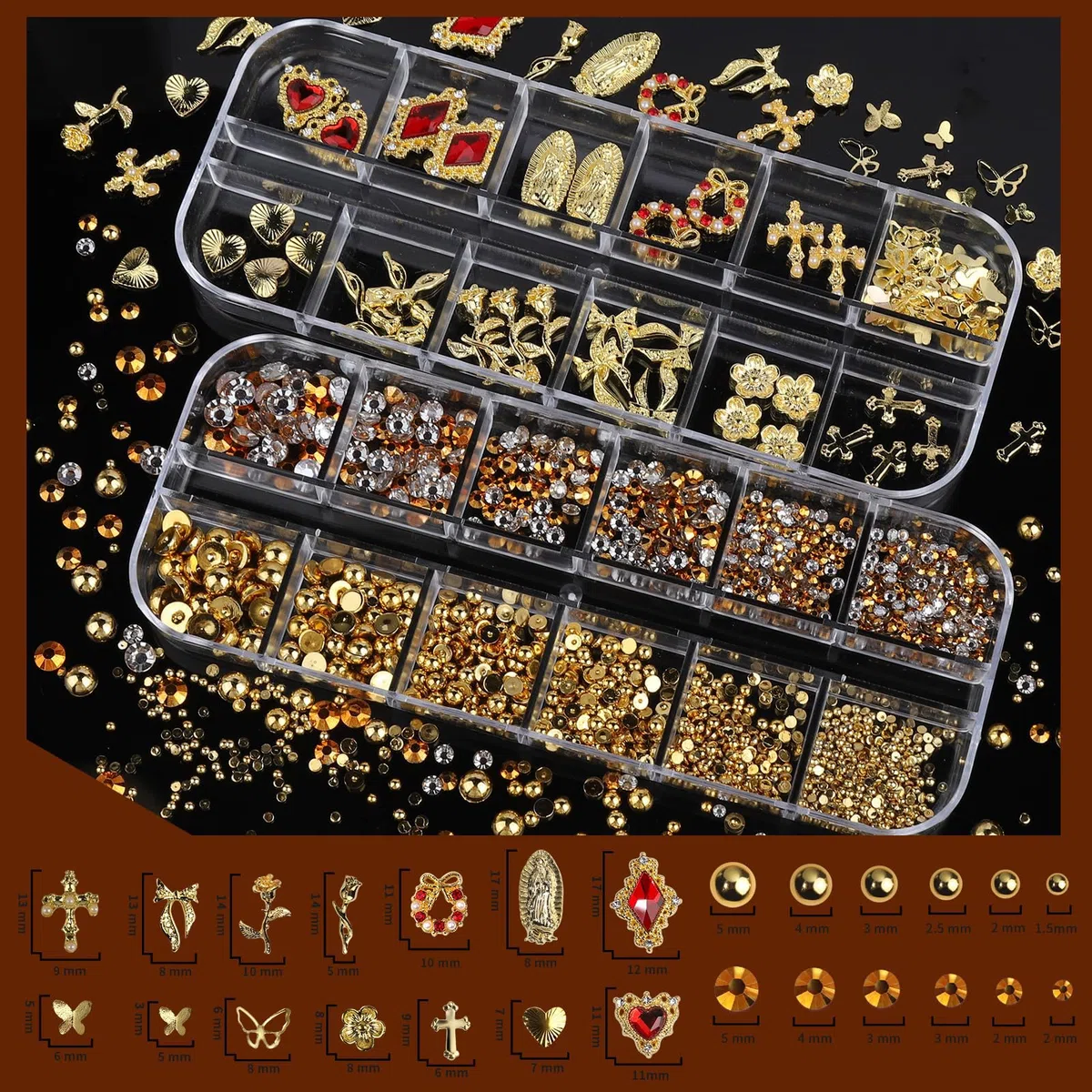 Charms dorati per unghie, strass 3D, set di 4 scatole con perle e gemme, accessori nail art per donne e ragazze.