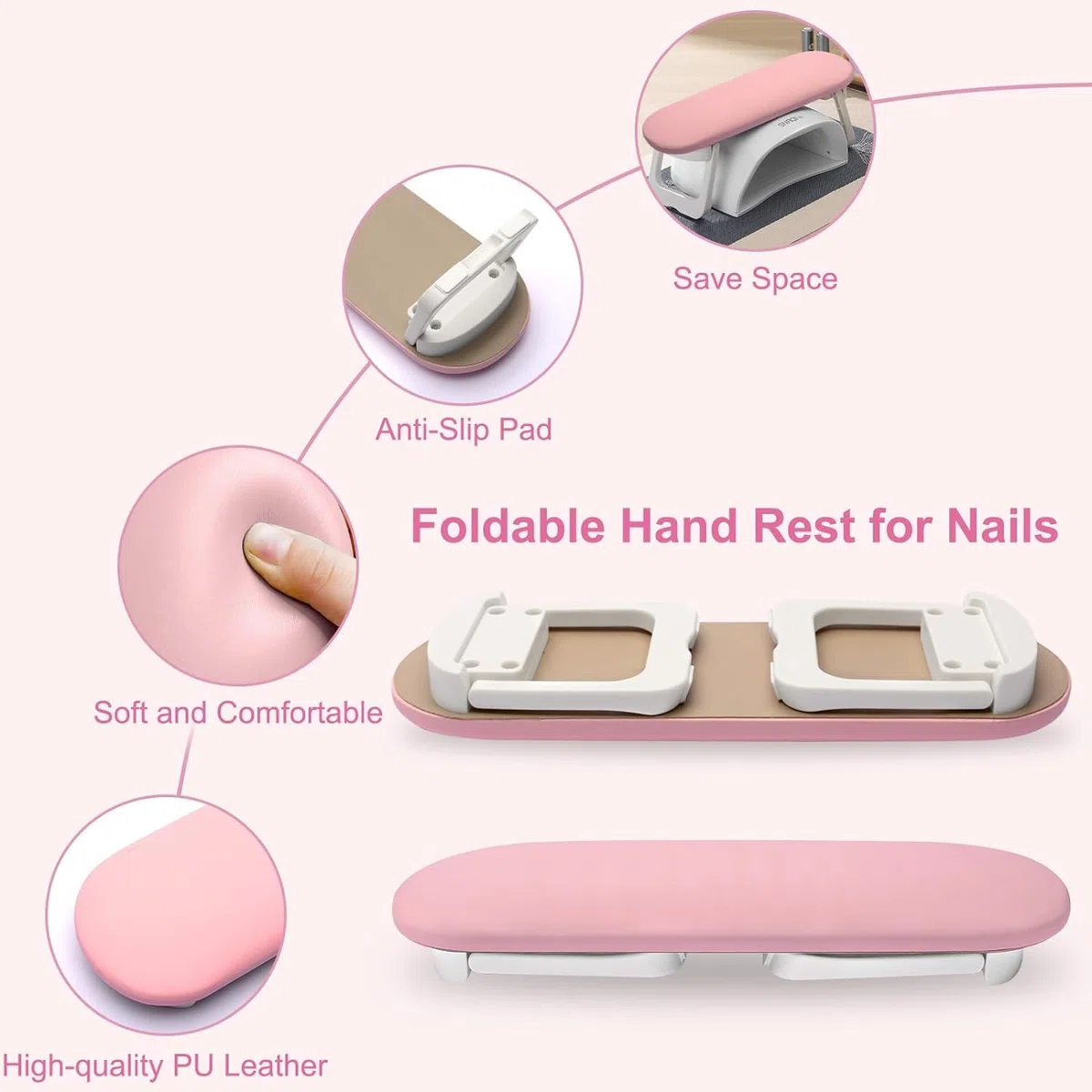 ANRUI Poggiamano per Unghie, Poggia Mani per Unghie in Pelle PU con Supporto Pieghevole, Cuscino Manicure Estetista, Cuscino per Unghie Antiscivolo per Nail Art, Rosa