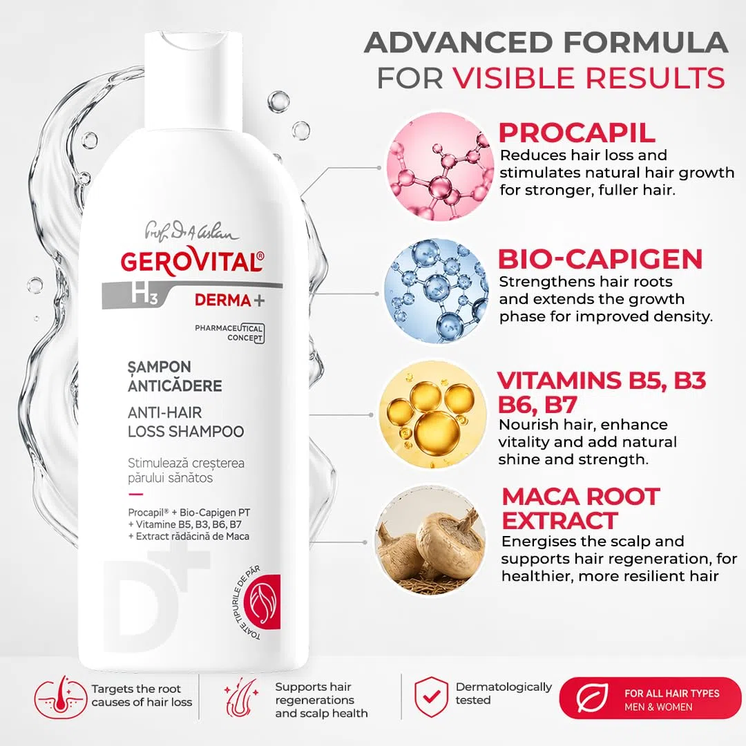 Gerovital H3 Derma+ Shampoo Anticaduta Capelli, Dermatocosmetico, Shampoo Rinforzante contro Caduta e Alopecia, Capelli più Forti, Donna e Uomo, 200 ml