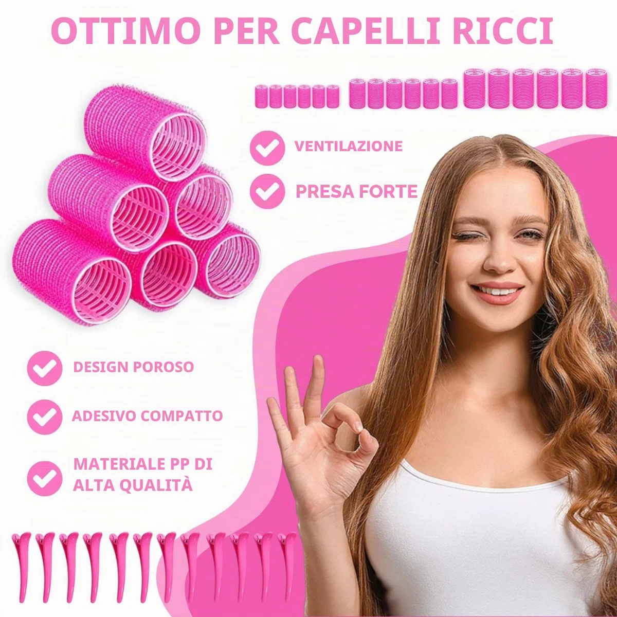 KEYRI Set di 48 bigodini Jumbo grande, autoadesivo, con fermaglio per capelli, ricci fai da te, senza calore, per parrucchieri lunghi e medi (rosa, 3 misure)
