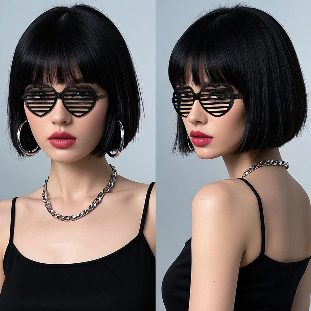 4 Pezzi Nero Parrucca Caschetto Black Bob con Bangs parrucca nera corta Capelli Della Signora Di Modo Festa Parrucche Parrucca sintetica resistente al calore Daily Party(Nero)