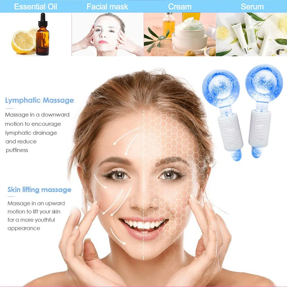 2Pcs Facial Ice Globes, Massaggio Ice Cool Roller Ball, Ice Roller Ball, Massage Ice Ball Skin Care Tool, Riducono il Gonfiore e Le Occhiaie (Confezionati in coppia, Blu)