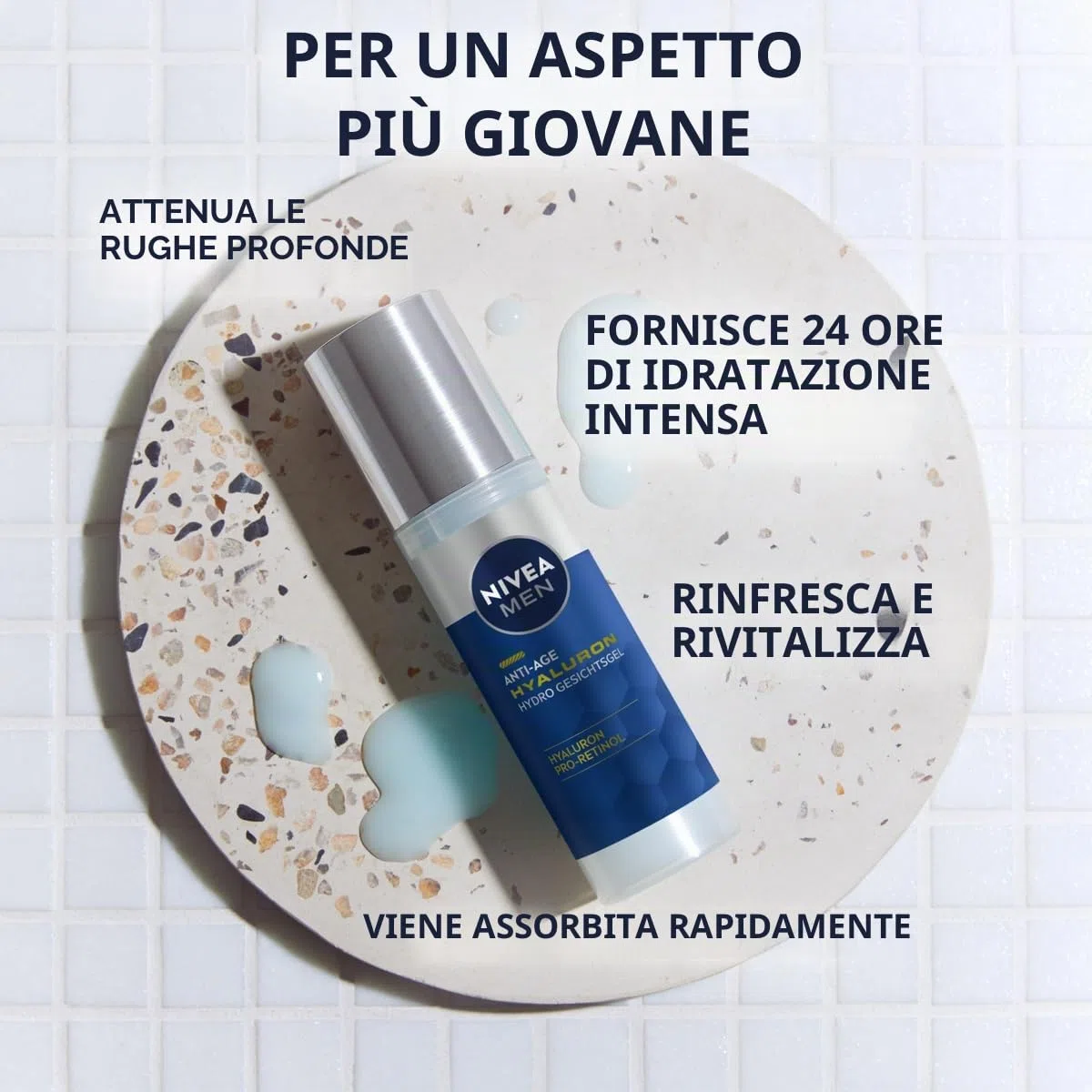 NIVEA MEN Gel viso anti-età Hyaluron Hydro, rinfrescante cura del viso con ialurone e pro-retinolo, gel ad assorbimento rapido per 24 ore di umidità intensa e attenua le rughe visibili (50 ml)