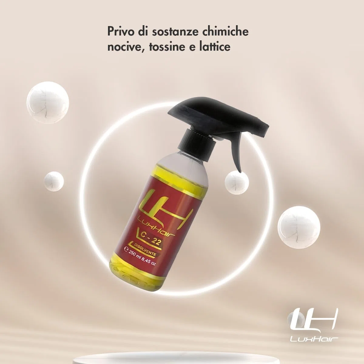 LuxHair C22 solvente per protesi capelli, extension e parrucche. Aiuta a rimuovere la colla per capelli e i nastri dai capelli e dal cuoio capelluto | 250 ml |