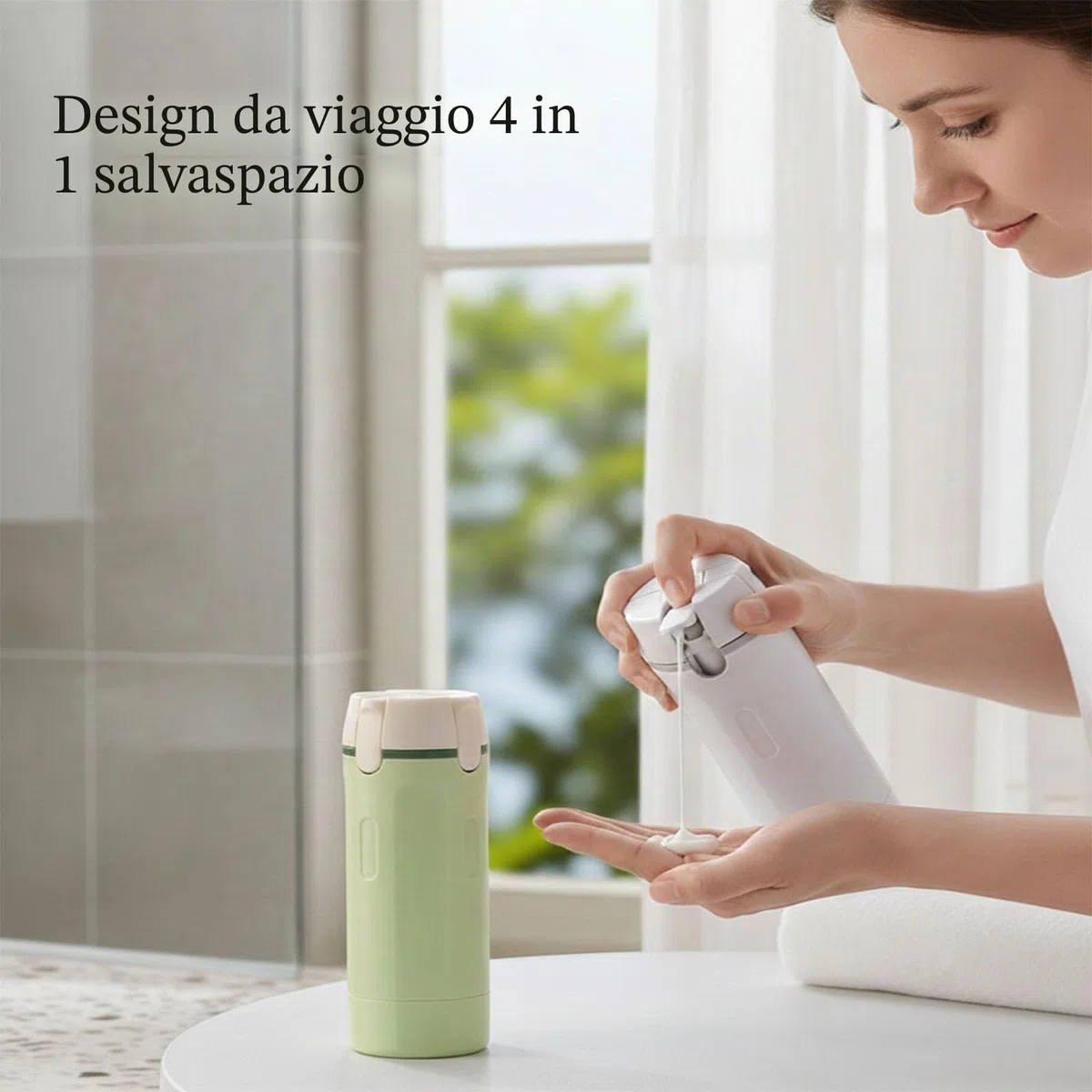Dispenser da viaggio 4 in 1 con scala ed etichetta, bottiglie da viaggio 4 in 1, ricaricabile, a prova di perdite, dispenser per shampoo, balsamo, lozioni e crema (verde)