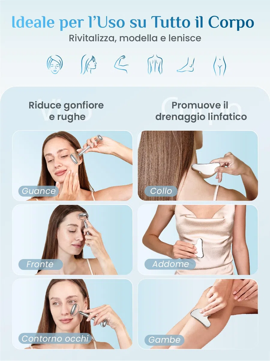 Rena Chris Gua Sha e Rullo in Acciaio Inox per il Viso, Massaggiatore Lifting e Guasha Viso, Scolpire la Mascella e Ridurre le Borse, Idea Regalo Perfetta, Bellezza e Skin Care Kit(Argento)