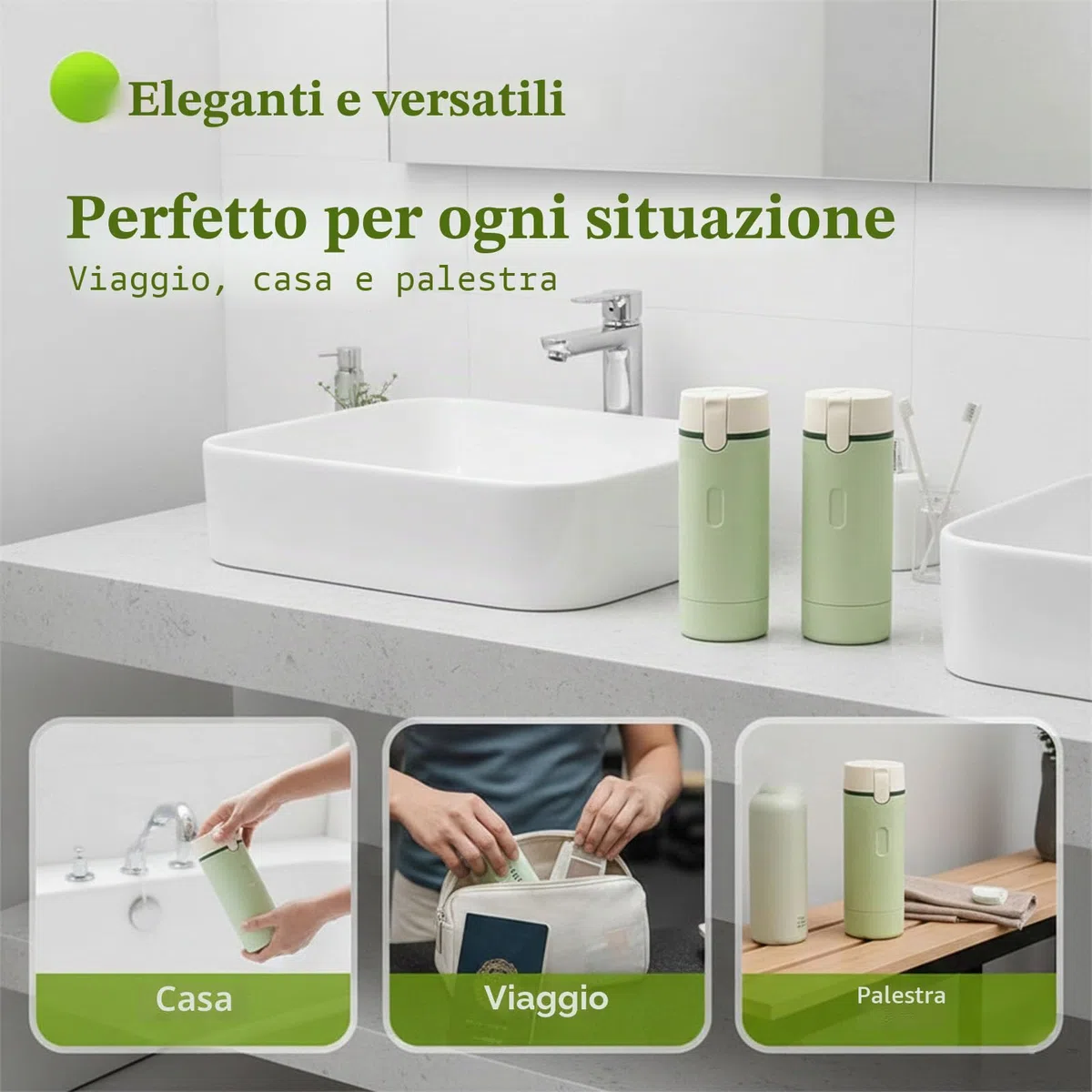 Dispenser da viaggio 4 in 1 con scala ed etichetta, bottiglie da viaggio 4 in 1, ricaricabile, a prova di perdite, dispenser per shampoo, balsamo, lozioni e crema (verde)