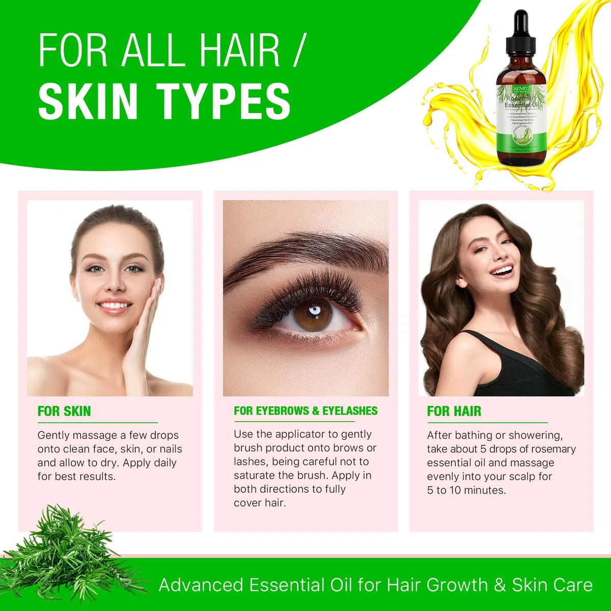 Olio di rosmarino per la crescita dei capelli 60ML - Premium naturale per la perdita di capelli secchi e danneggiati per donne e uomini con massaggiatore del cuoio capelluto in silicone