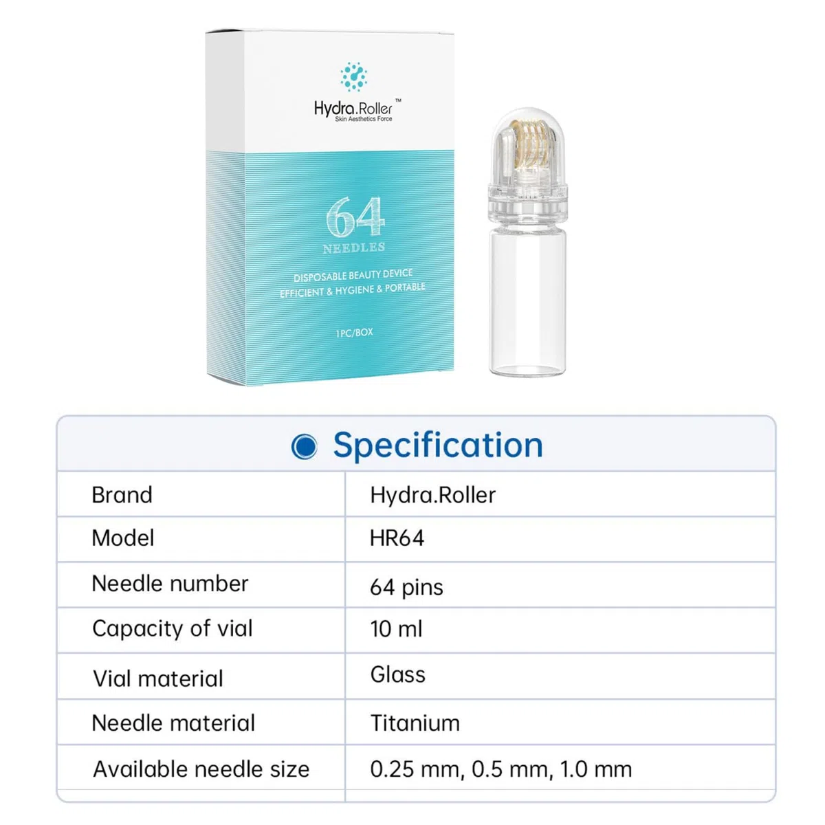 Hydra. Roller Titanio 64 Pins Microneedling Lunghezza 0,5 mm SENZA SIERO Rullo Needling per la cura della pelle anti-invecchiamento, labbra, stimolazione della crescita di capelli e barba