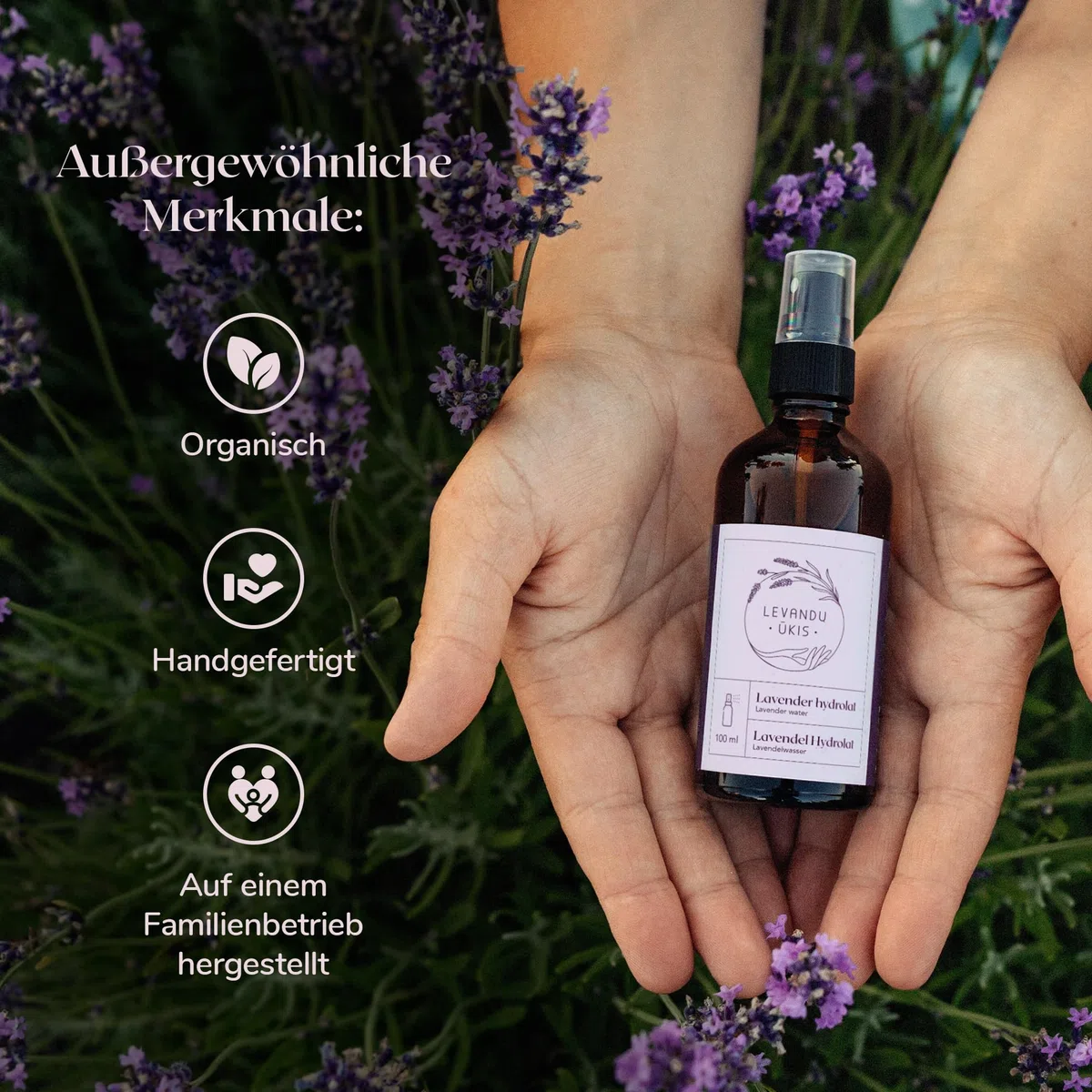 Idrolato Lavanda 100% Naturale per Viso e Bambini, Tonico Lenitivo Spray Biologico per Pelle Sensibile, Acqua Floreale Distillata 100ml - Levandu Ukis
