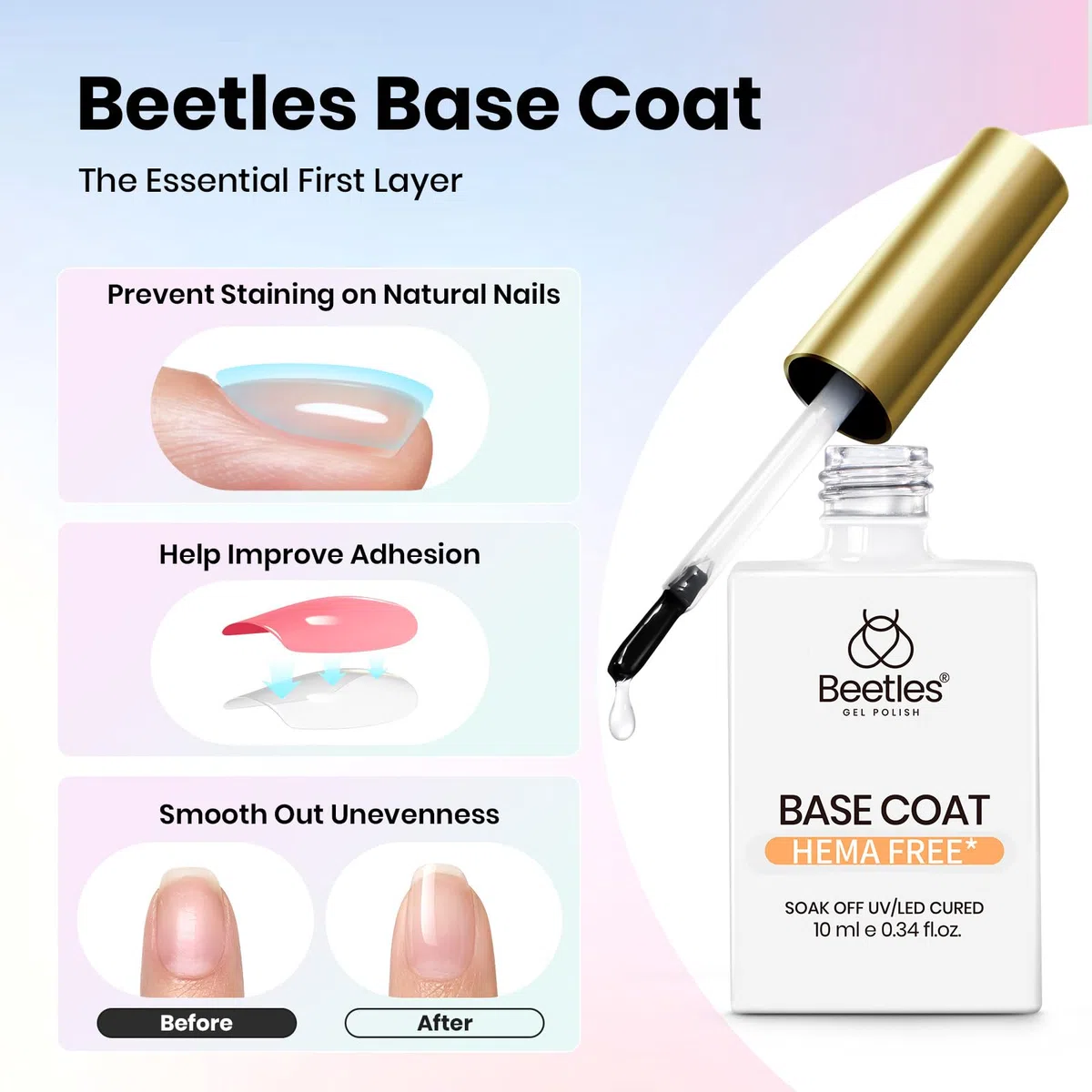 Beetles Hema - Set top coat e base coat con top coat opaco, 3 pezzi per smalto gel Soak-Off, LED UV, finitura lucida e opaca di lunga durata