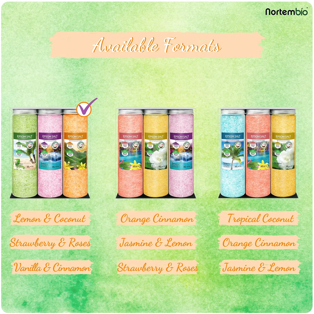 Nortembio Sali di Epsom Confezione Regalo Fragranze Vaniglia, Rose, Limone 3 x 430 g | Magnesio Naturale con Vitamine C ed E | Bagni Rilassanti, Spa, Idratazione + E-Book Gratuito