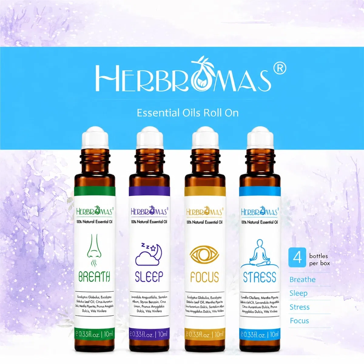 Set di roll on con oli essenziali di aromaterapia HERBROMAS, miscele naturali già diluite per l'uso sulla pelle, regalo rilassante per donne e uomini, confezione da 4 x10ml.