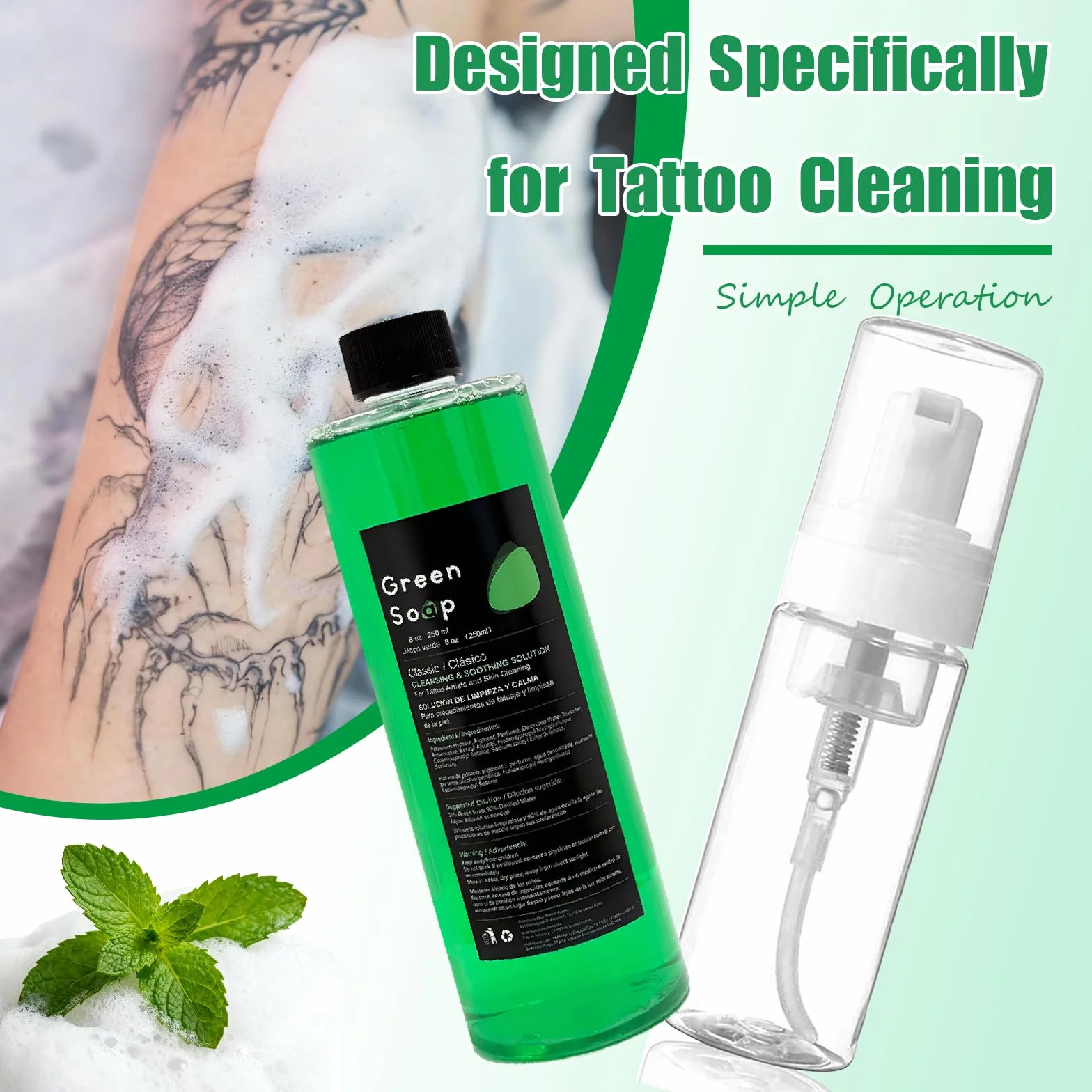 250ml Green Soap Tattoo Kit Pulizia dei Tatuaggi, Unihuby Sapone per Tatuaggi 250 ml con Flacone di Schiuma da 200 ml Tattoo Clean Accessori Pulizia