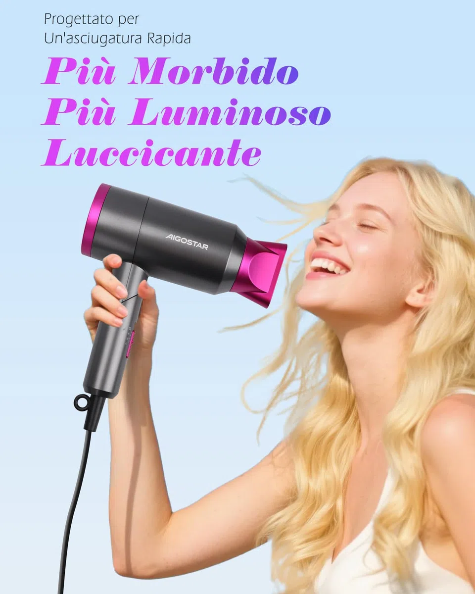 Aigostar 1800W Phon Capelli, Asciugacapelli Ionico, Phon da Viaggio Pieghevole, 2 Livelli di Aria Calda & 1 di Aria Fredda, Beccuccio Concentratore Rimovibile, Protezione surriscaldamento, Grigio