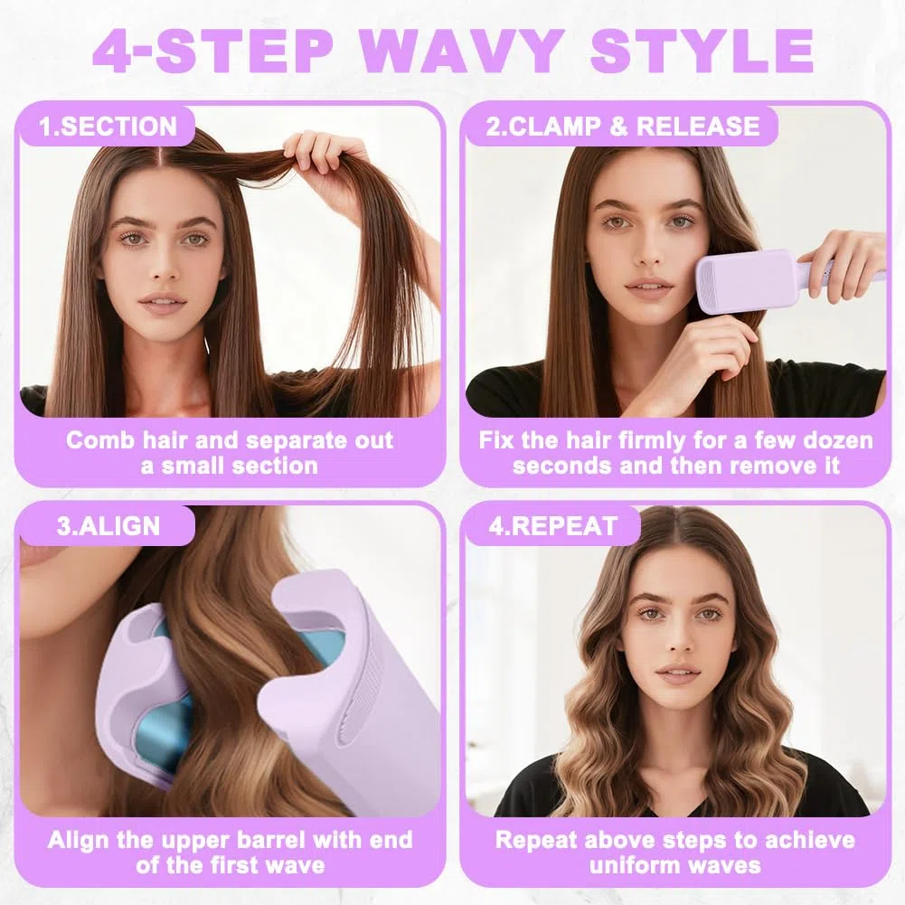 LOPHE Ferro Arricciacapelli 32 mm, Piastra Beach Waves con 4000w Ioni Negativi, 4 Temperature Regolabili (160℃-220℃), Antiscottature, Ferro Arricciacapelli a Onde Grandi(Viola)