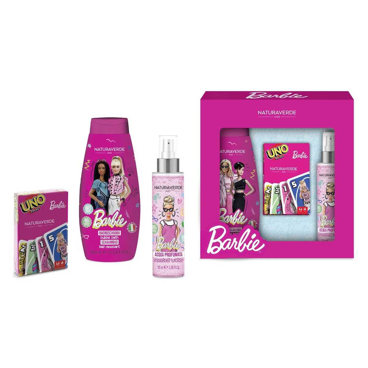 BARBIE | Gift Set Carte UNO, Cofanetto Bagnoschiuma da 300 ml, Acqua Profumata 100 mll e Set Carte da Gioco UNO