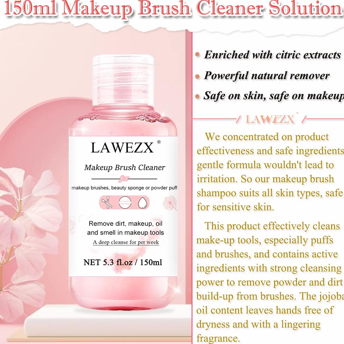 150ml Pulizia Pennelli Trucco, LAWEZX Detergente Liquido per Pennelli da Trucco, Rimuove il Trucco, lo Sporco e le Impurità da Pennelli, Spugne o Piumini per la Cipria, Makeup Brush Cleaner