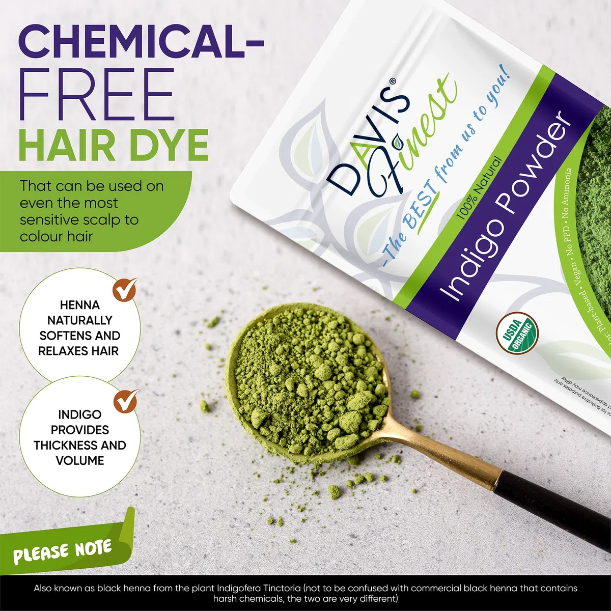 Davis Finest Polvere di Indaco Organico per capelli, senza PPD 250g, Tinta per capelli naturale senza sostanze chimiche marrone/nero, vegana
