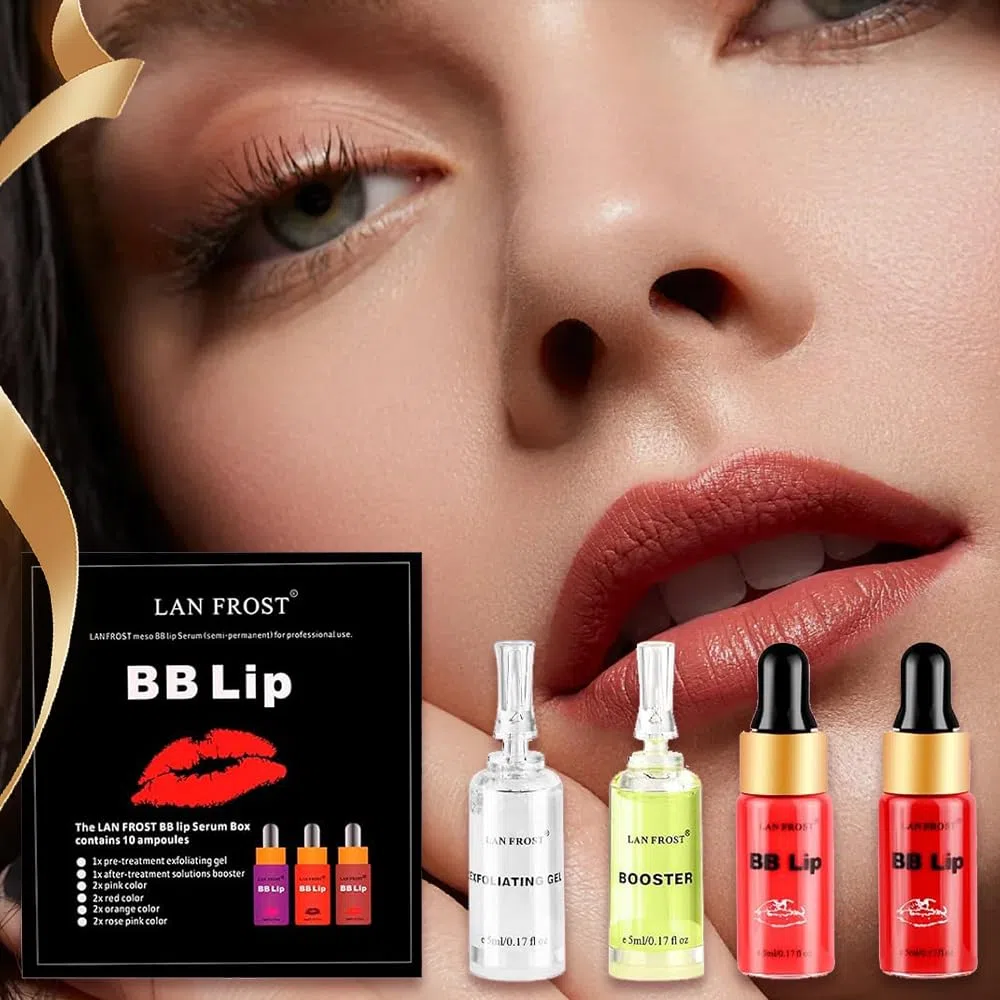 Set di Siero BB per Labbra con Trattamento Trucco Semipermanente - 4 Colori Pigmenti Liquidi, Gel Esfoliante e Intensificatore