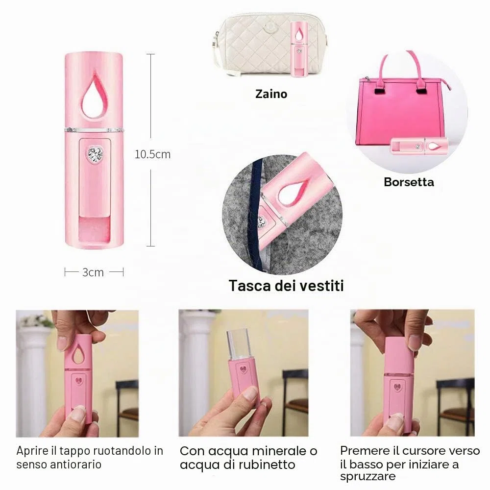 YDI Spruzzatore Facciale Nano, Mini Vaporizzatore a Vapore Portatile per Bellezza Pulizia Viso Pori Acqua SPA Idratante - Rosa