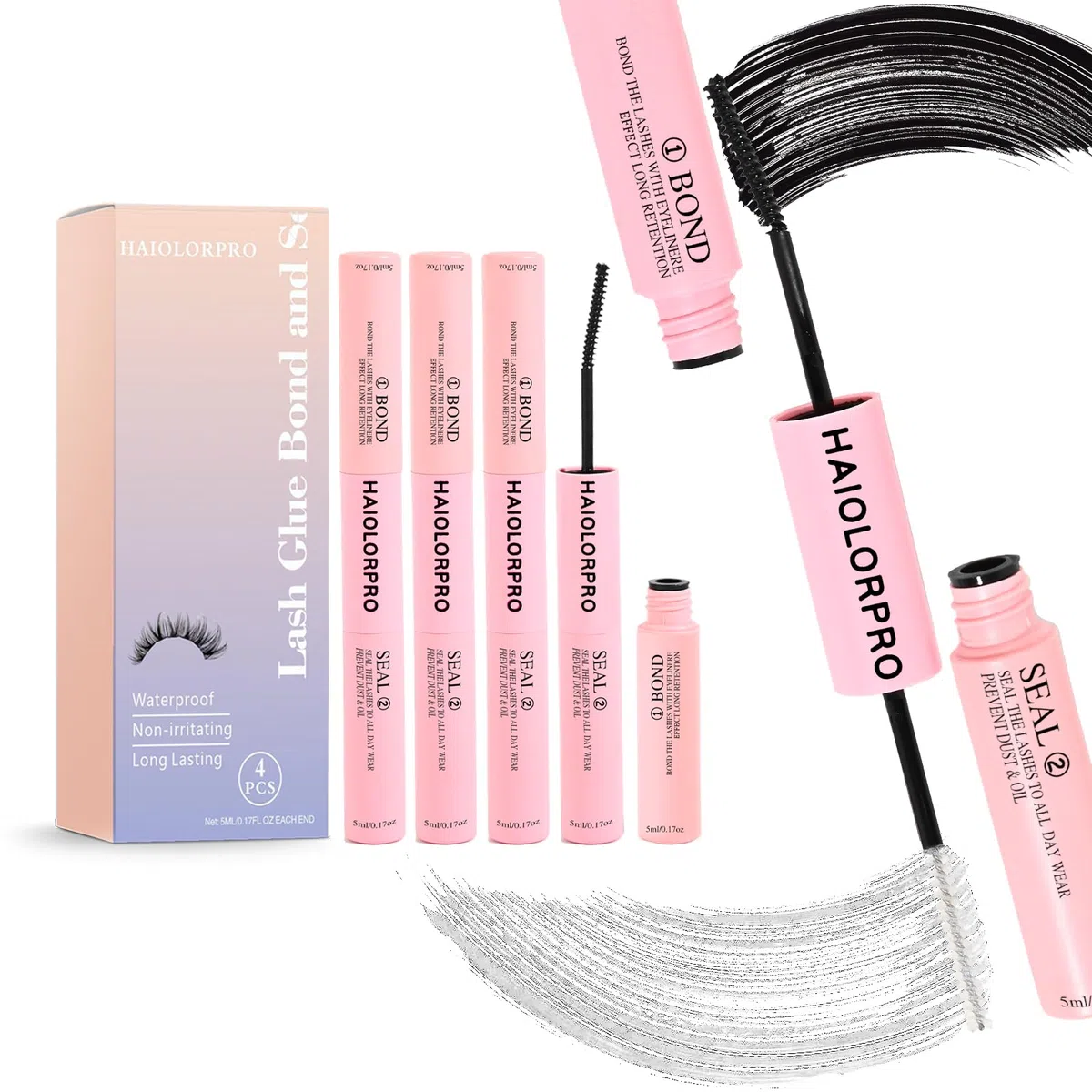 HAIOLORPRO 4PCS Colla Ciglia Finte Ciuffetti, Bond e Seal Ciglia, Colla per Ciglia Finte Lunga Durata Bond and Seal Lash Glue Individuali, Tenuta Forte e Resistente All'acqua, (5 ml+5 ml)/Pezzo