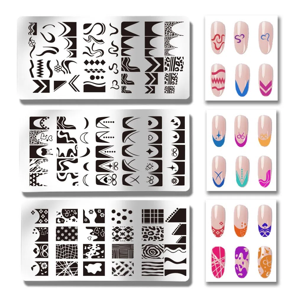PH PandaHall 3pz Piastre per Timbri per Unghie con Punta Francese Stencil per Nail Art con Linea Francese Modelli per Manicure Geometrici Strisce Onde Stencil per Unghie con Fiore e Leopardo per Donna