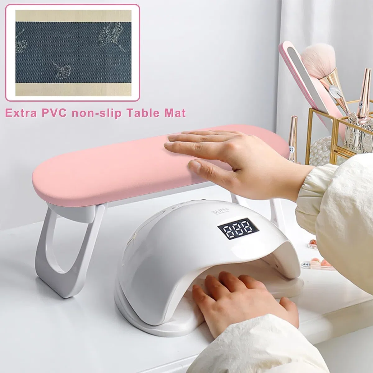 ANRUI Poggiamano per Unghie, Poggia Mani per Unghie in Pelle PU con Supporto Pieghevole, Cuscino Manicure Estetista, Cuscino per Unghie Antiscivolo per Nail Art, Rosa
