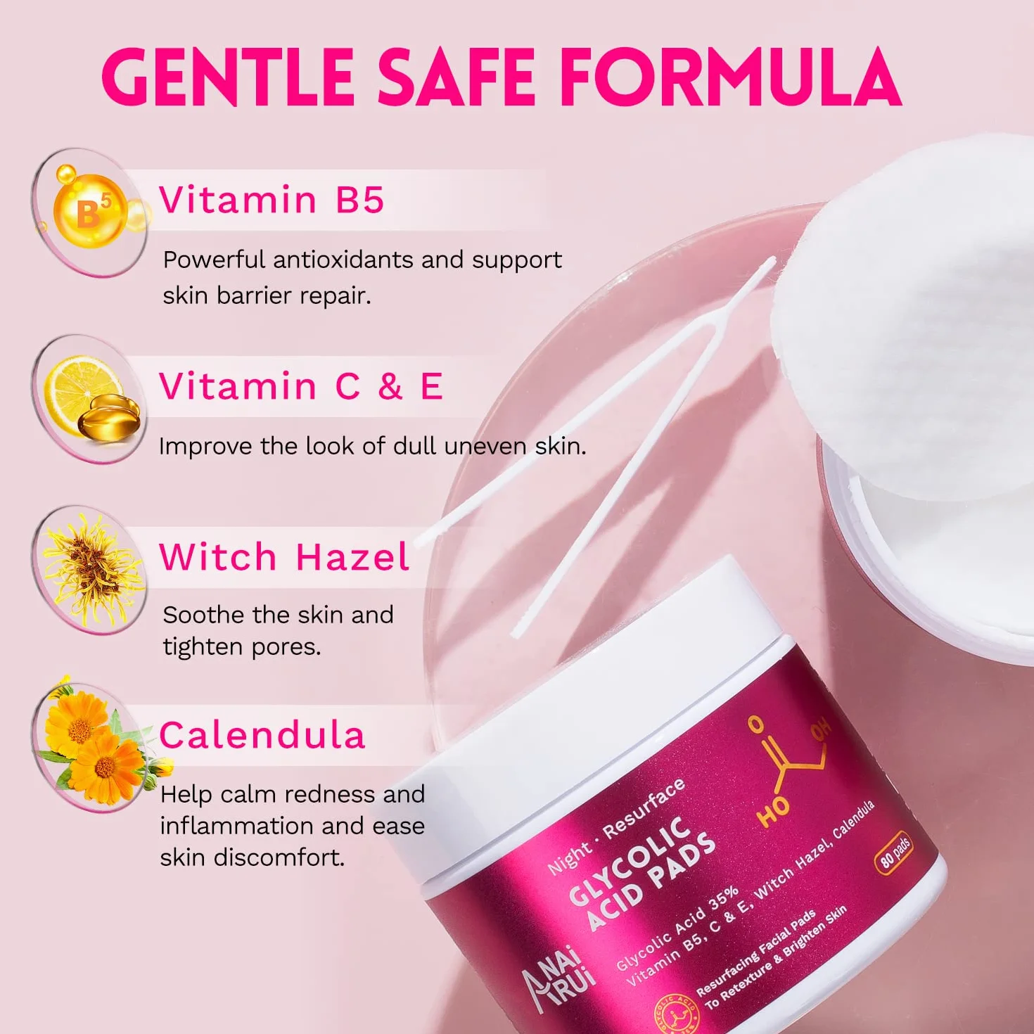 ANAiRUi Dischetti esfolianti all'acido glicolico, Acido glicolico Peel Pads 35% AHA Resurfacing Pad viso, peeling viso per macchie scure, acne, 80 pads