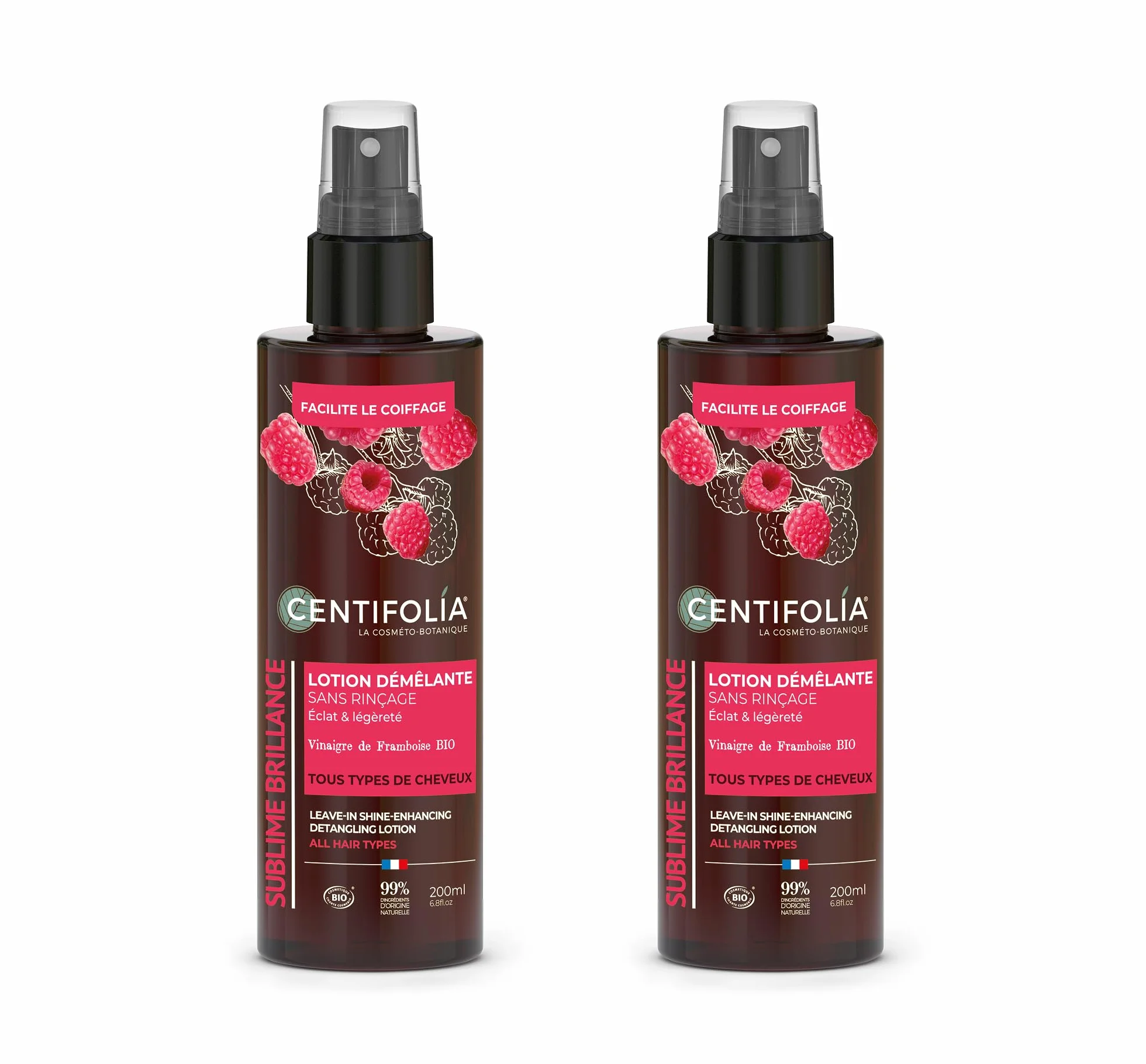 CENTIFOLIA | Lozione Districante Senza Risciacquo | Districa senza appesantire i capelli | Gamma Sublime Brillantezza | Capelli Brillanti e Soffici | Aceto di Lampone Bio | 99% Naturale | Set di 2x200
