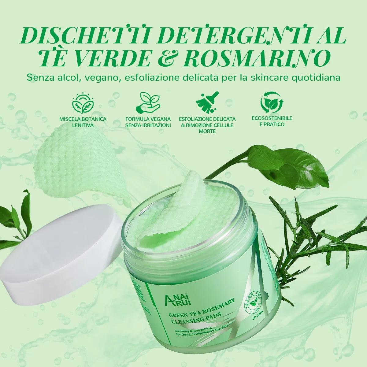 ANAiRUi Dischetti Detergenti al Tè Verde e Rosmarino, Dischetti Detergenti Viso e Corpo, Esfolianti e Struccanti, 50 Pezzi