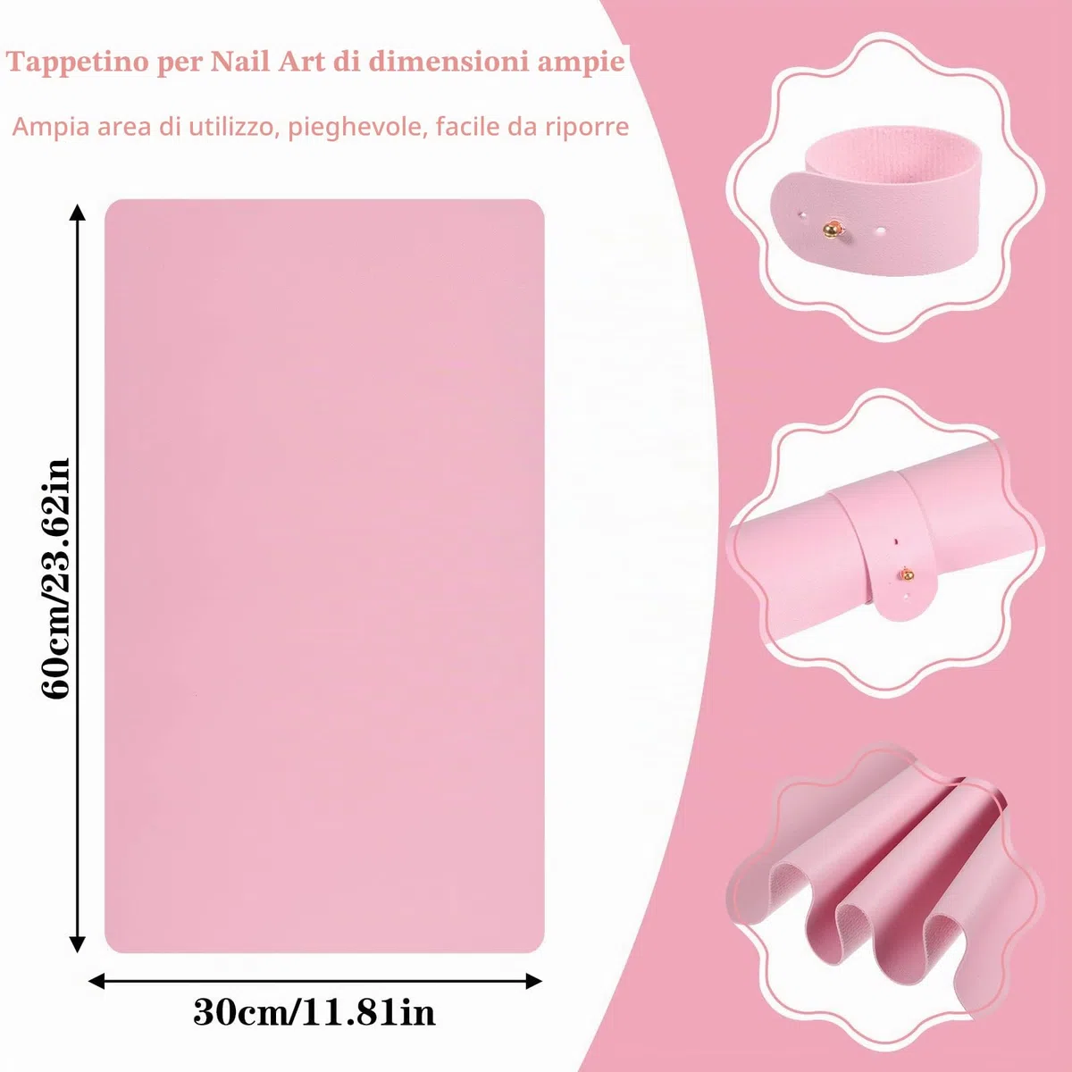 60 x 30 cm, per nail art, colore rosa, tappetino da tavolo, in morbida pelle PU, impermeabile, double face, per nail art (solo opaco, non poggiapolsi)